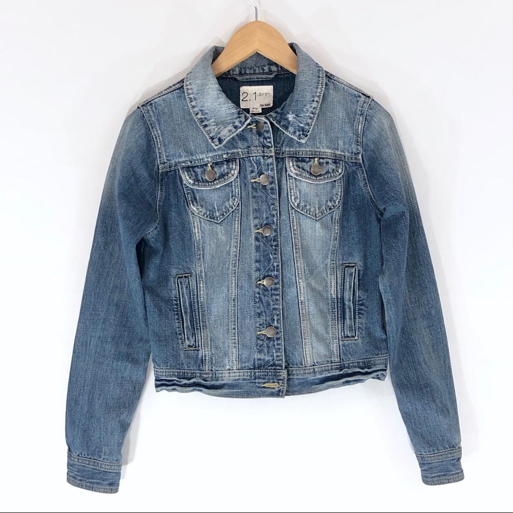 🌻 2.1 Denim | Medium Wash Distressed Jean Jacket
